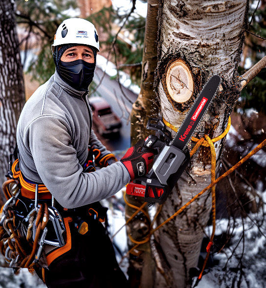 A professional arborist wearing safety gear and a climbing harness holds a Kress Commercial chainsaw while working in a tree during winter